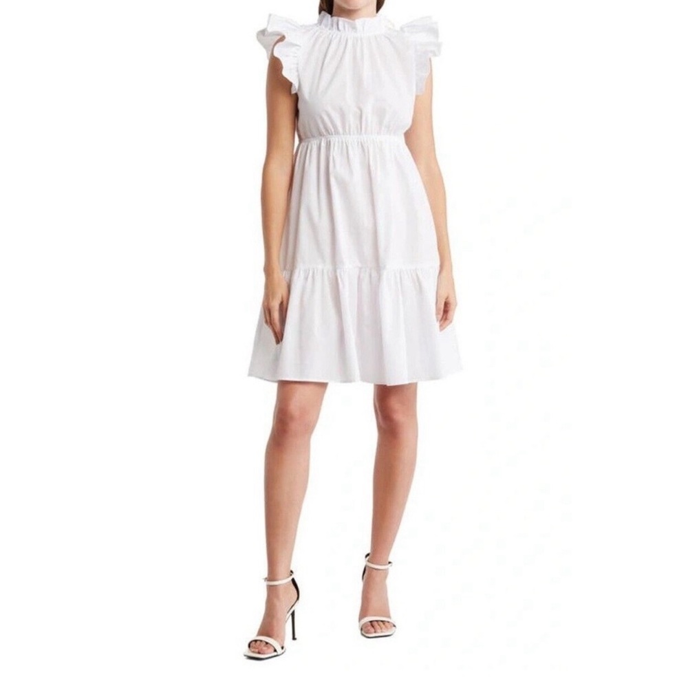 LOVE ADY Ruffle White Cotton Blend Dress Tiered A Line Flutter Sleeve Women L